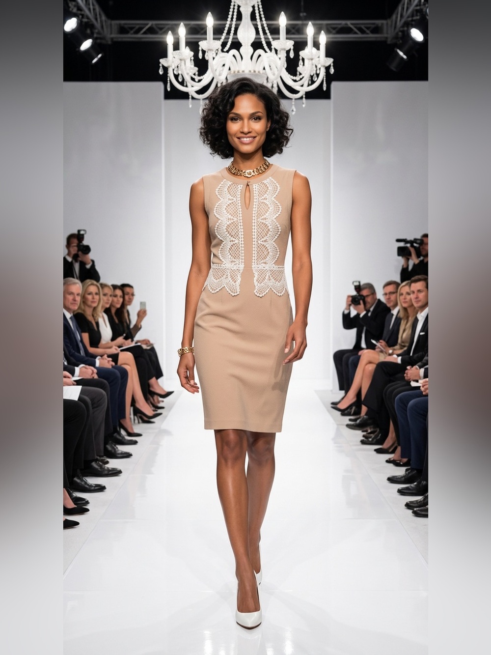 Esley Tan Dress with White Crochet Front